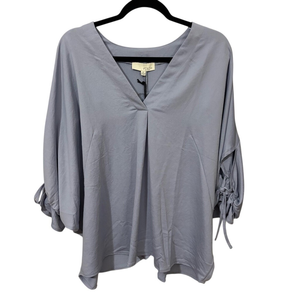 Pinch Blue Tie Bow Sleeve‎ Relaxed Blouse V Neck